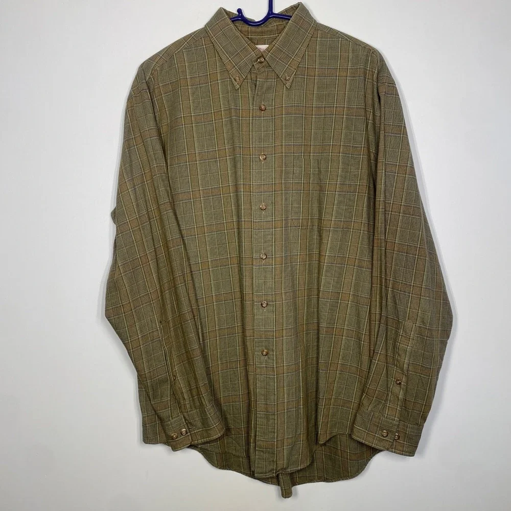 Brooks Brothers 346 Mens Large Flannel Plaid Cotton Wool Button Down Shirt Olive - Picture 2 of 6